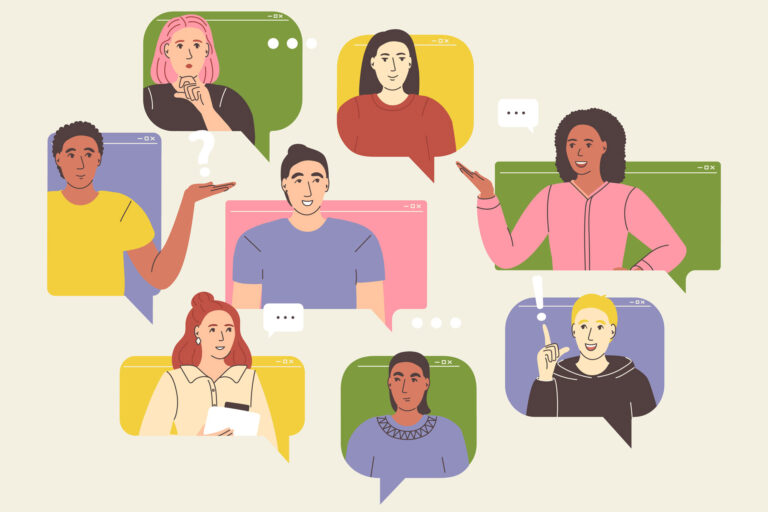 Graphic showing people communicating online