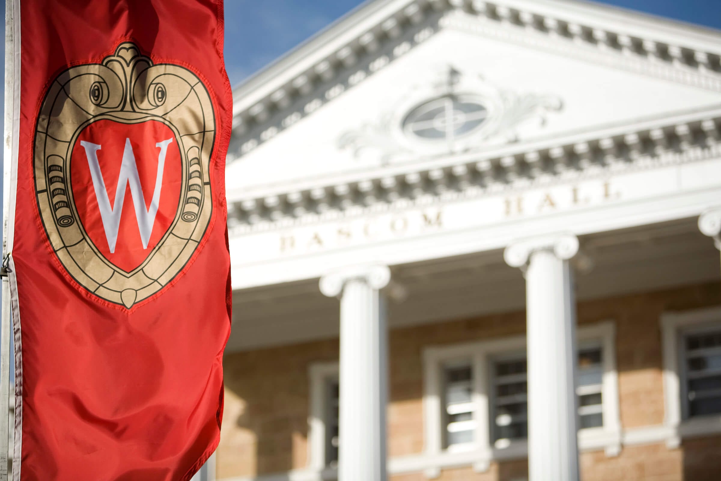 UW-Madison Bascom hall with UW banner out front