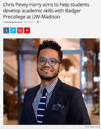 Screenshot of Madison365 article featuring image of Badger Precollege Assistant Dean Christoper Pevey Harry