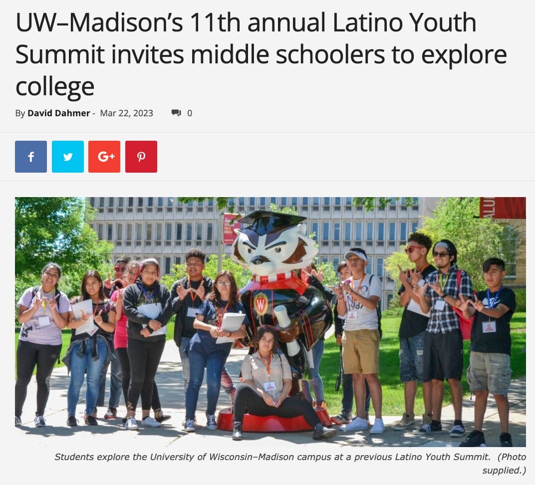 Screenshot of Madison365 article featuring image of Badger Precollege Latino Youth Summit students standing around a painted Bucky Badger sculpture outdoors.