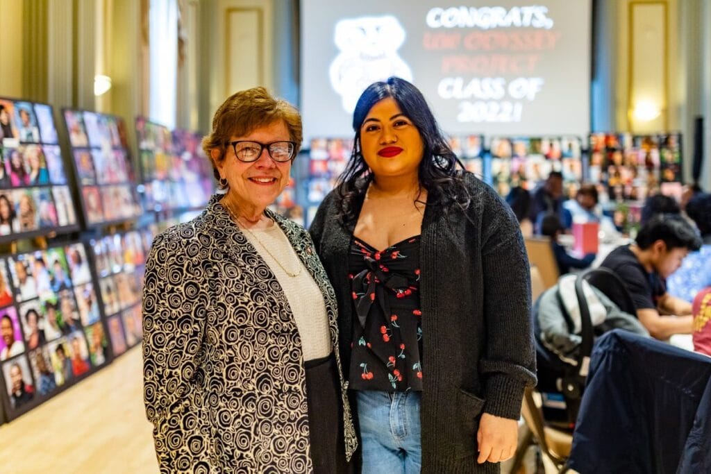 UW–Madison Chancellor Rebecca Blank poses with Odyssey '22 graduate Erendira Giron Cruz at the Odyssey graduation ceremony 