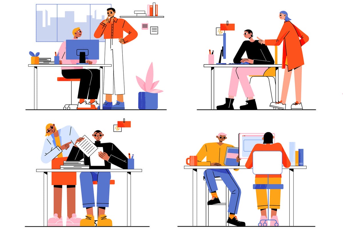 Vector flat illustration of employees or trainees on workplace