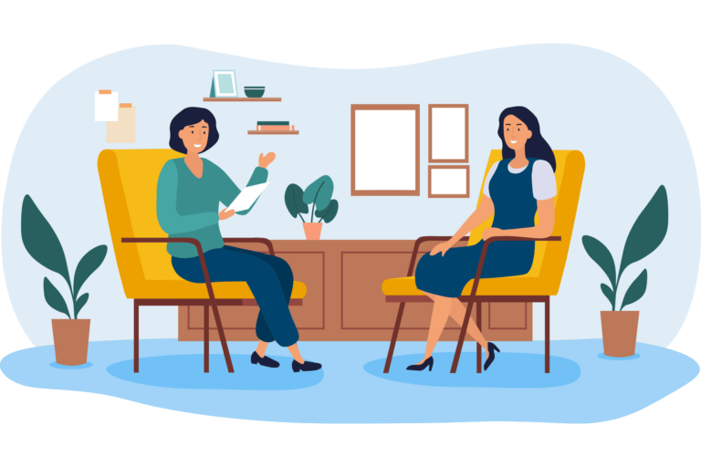 Woman talking to counselor, illustration