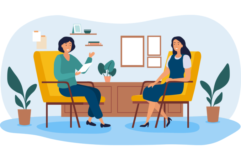 Woman talking to counselor, illustration