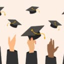 Graphic of five separate hands throwing their graduation caps in the air.