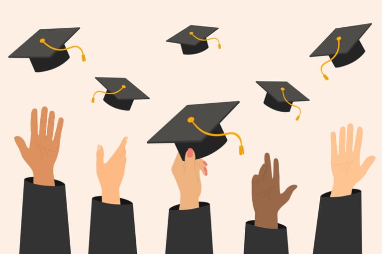 Graphic of five separate hands throwing their graduation caps in the air.