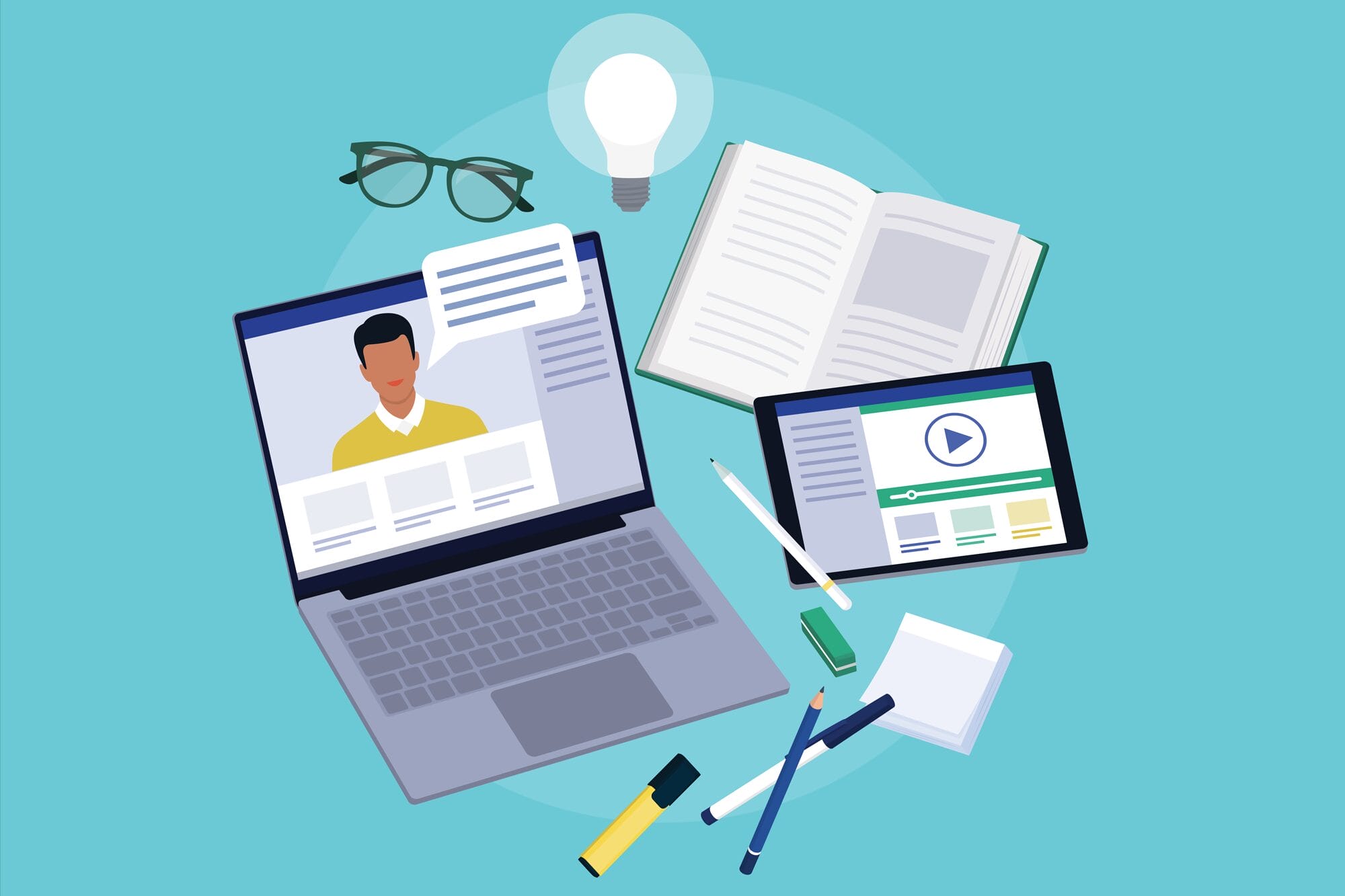 A graphic of a laptop, book, a pair of glasses, and paper and pencils scattered