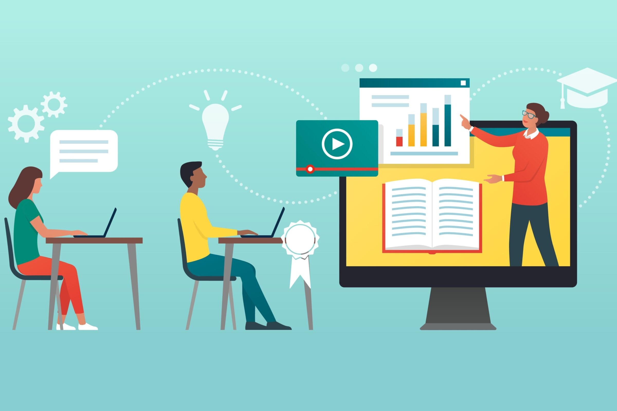 A graphic of a couple of students sitting in front of a monitor