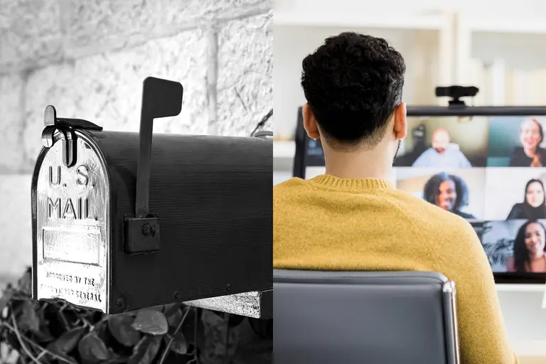 A collage of an image of a mailbox beside another image of a man working on his computer.