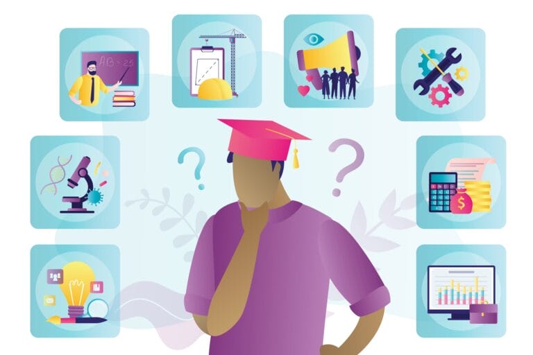 Graphic of a graduate contemplating various educational roadblocks