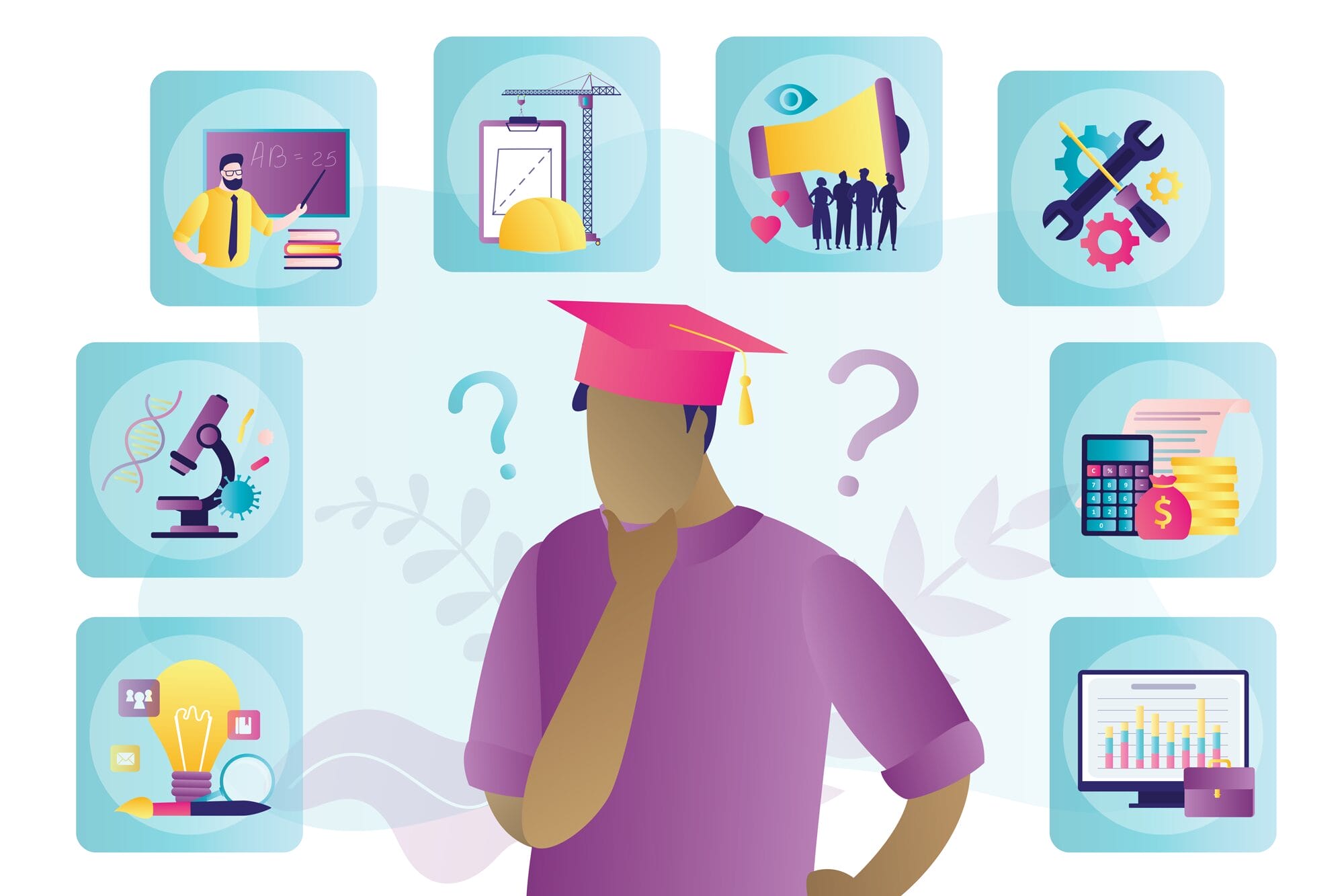 Graphic of a graduate contemplating various educational roadblocks