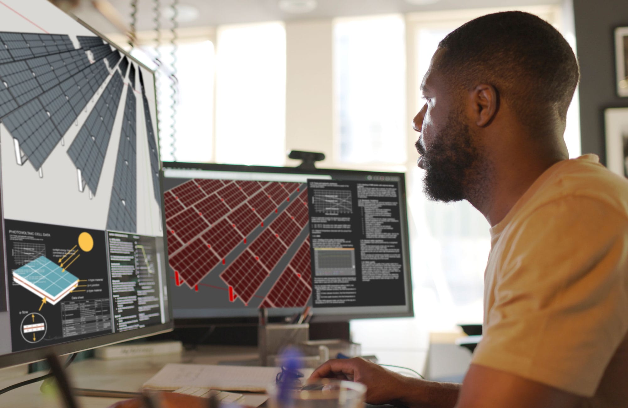 A man is sitting at his desk, reviewing building plans on his computer