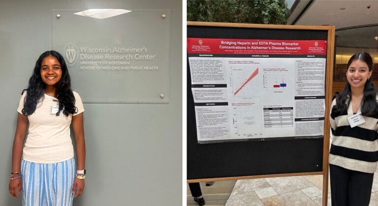 Maureen Kamal stands next to a wall-mounted sign that reads Wisconsin Alzheimer’s Disease Research Center, and Mariam Siddiqui presented her poster during the Alzheimer's Disease & Related Dementias Research Day.