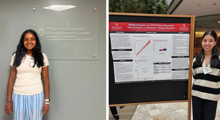Maureen Kamal stands next to a wall-mounted sign that reads Wisconsin Alzheimer’s Disease Research Center, and Mariam Siddiqui presented her poster during the Alzheimer's Disease & Related Dementias Research Day.