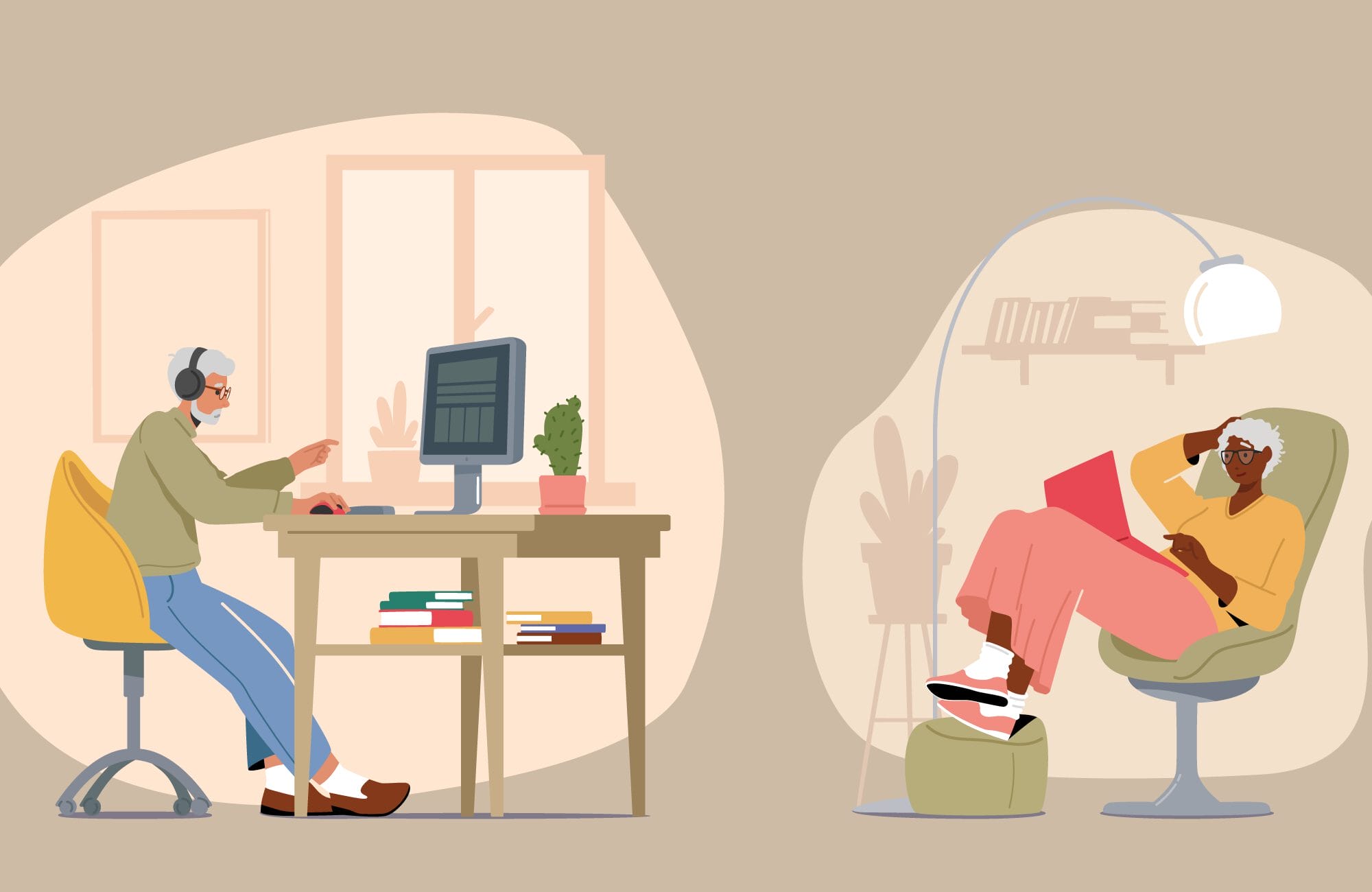 A graphic of two senior citizens, one on his computer and the other relaxing in a chair, reading a book