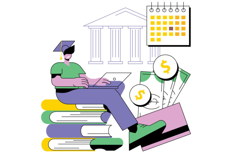 A cartoon depiction of a student sitting on a pile of books with other drawings of a calendar and dollar signs around the student.