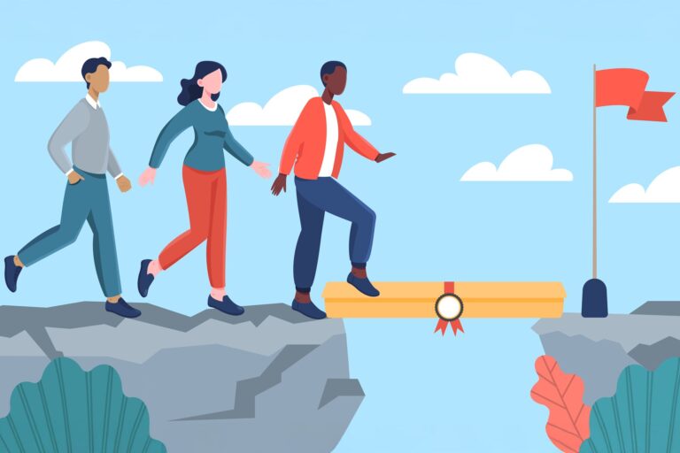 Illustration of three figures crossing a cliff