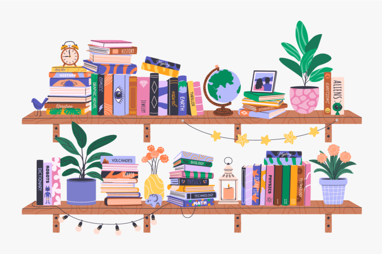 Illustrated drawing of books on a bookshelf showing a mix of books, houseplants and decor.