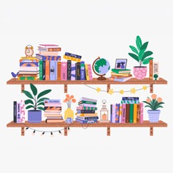 Illustrated image of two shelves filled with books, plants, and more