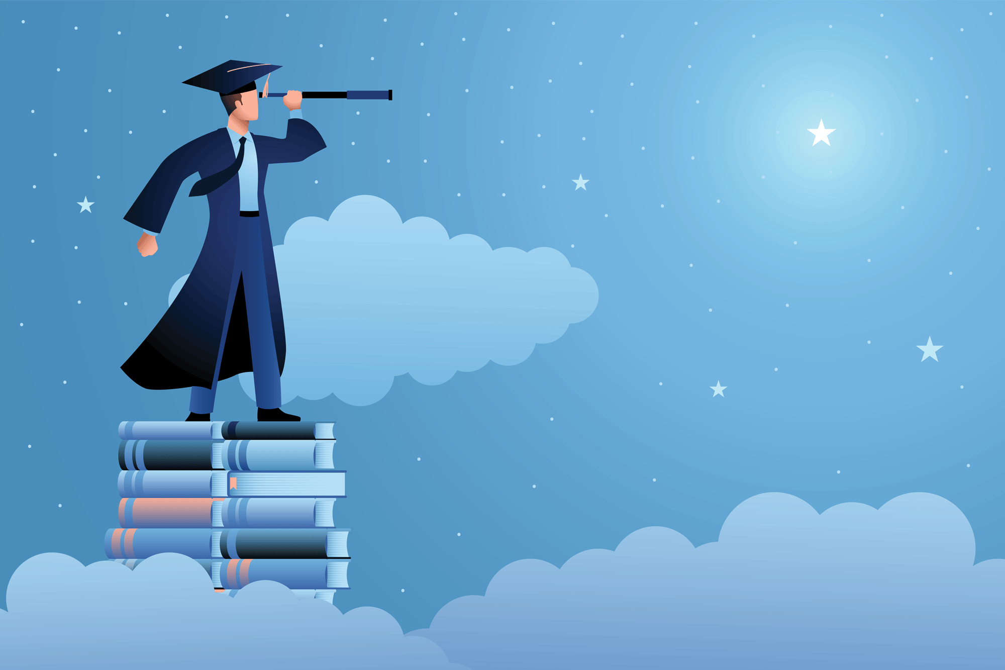 Drawing of a man in a graduation cap and gown with a telescope looking out over a night sky.