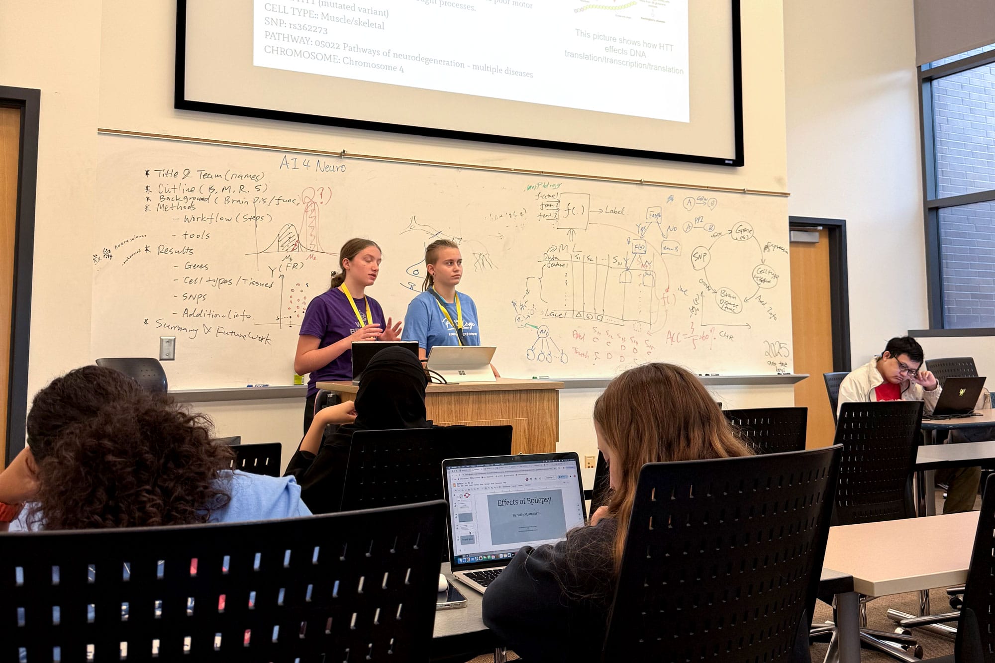 Two students present a lecture to a classroom at UW–Madison’s Badger Precollege.