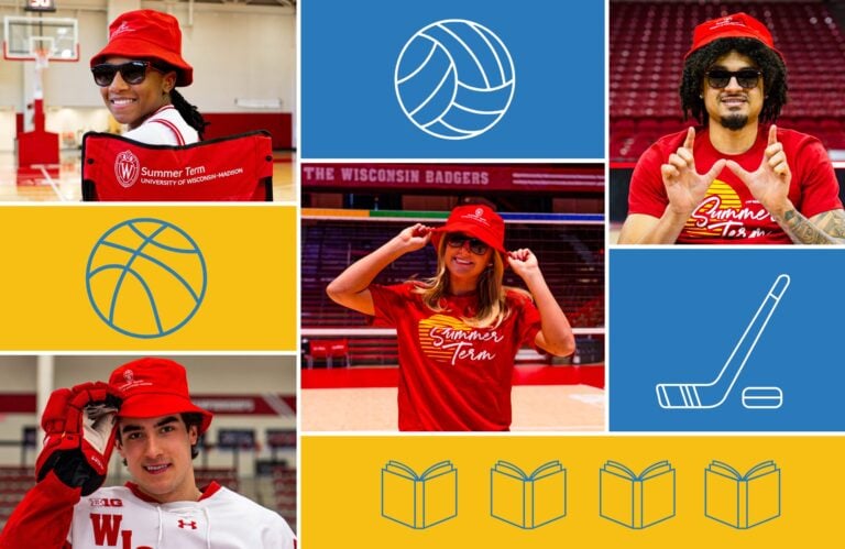 Student athletes who have taken summer courses at UW-Madison and icons of books and sports equipment