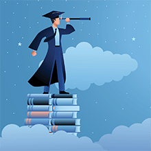 illustration of graduate on books looking through a scope into the sky