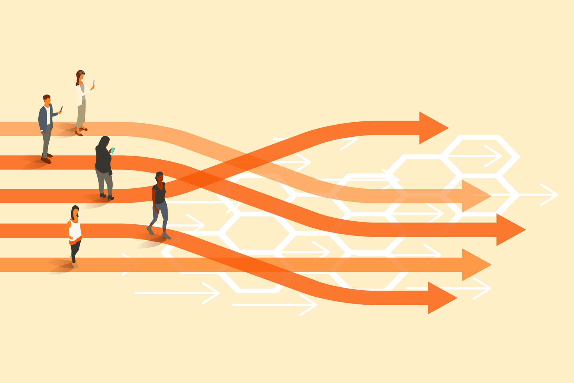 Graphic of people standing over a series of arrows