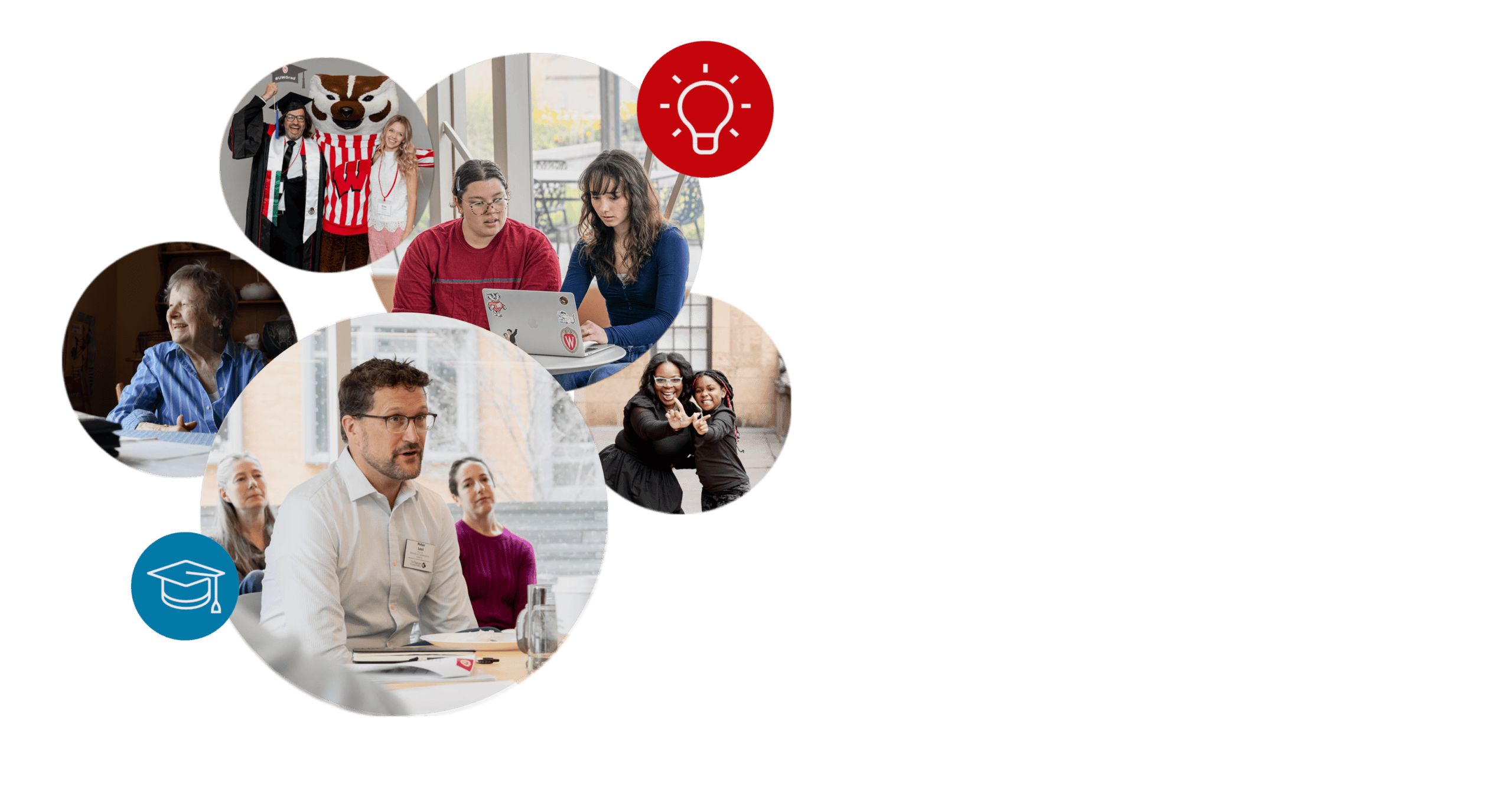 Collage of people in educational and celebratory settings, including a mascot.