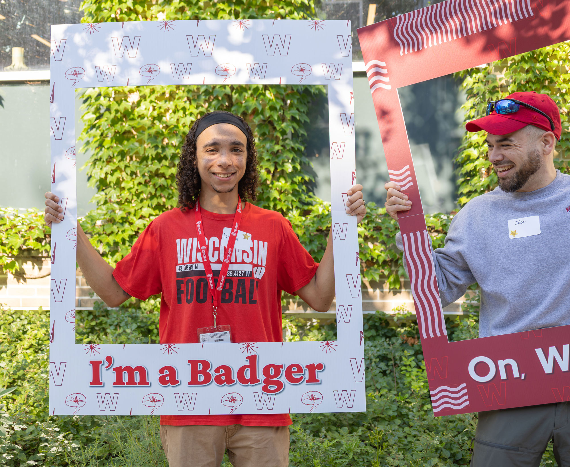 They’re Badgers now! Incoming students Darnell Wilson and Jose Dracko Villarreal are all smiles outside the Pyle Center.