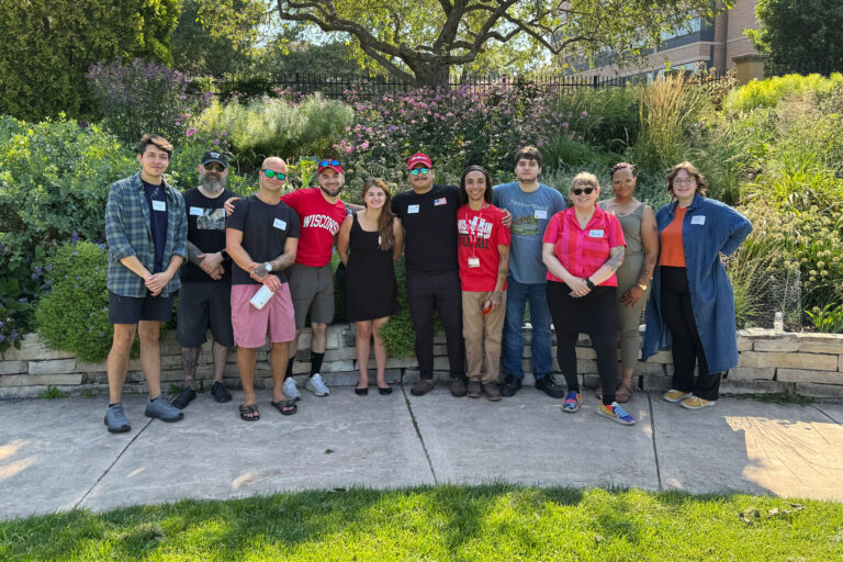 New, current and former Badger Ready students gathered at Allen Centennial Garden on the UW–Madison campus for orientation day.