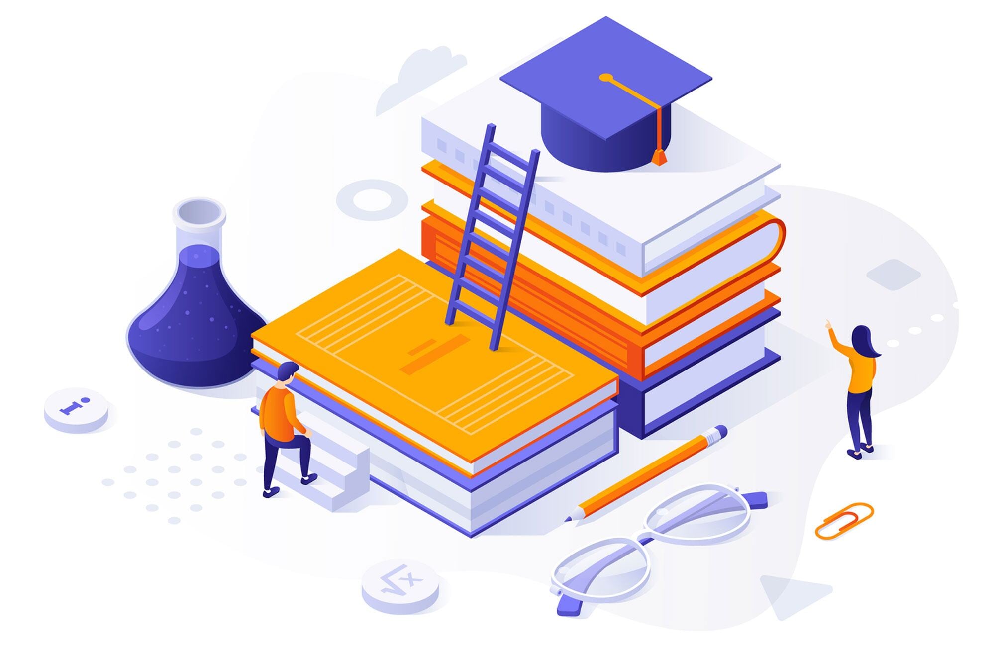 Illustration of a person climbing stairs to stack of books then a ladder on that stack of books to another stack with a motor board at the top.